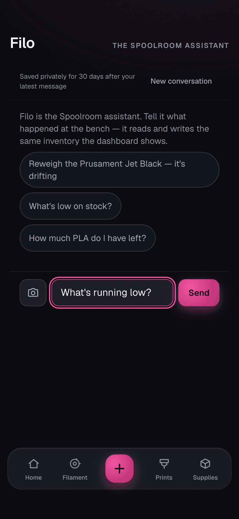Filo, the Spoolroom assistant, on a phone: suggestion chips drawn from the live inventory and a question typed into the composer.
