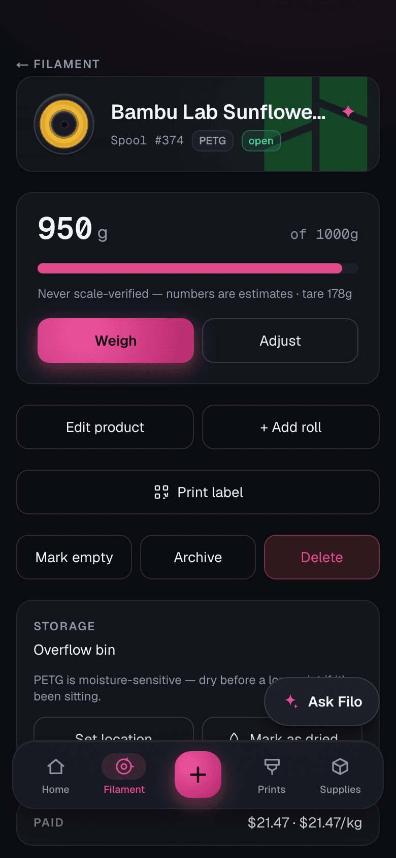 A spool detail page on a phone: the remaining grams as the headline number, a fill meter, and the ledger of weigh-ins and print deductions beneath it.